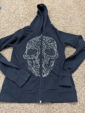 Black Studded Skull Zip Hoodie for Women